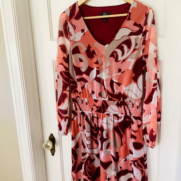 Tiered Midi Dress S Wine Burgund Multi print long sleeve boho peasant cottage - Picture 3 of 15